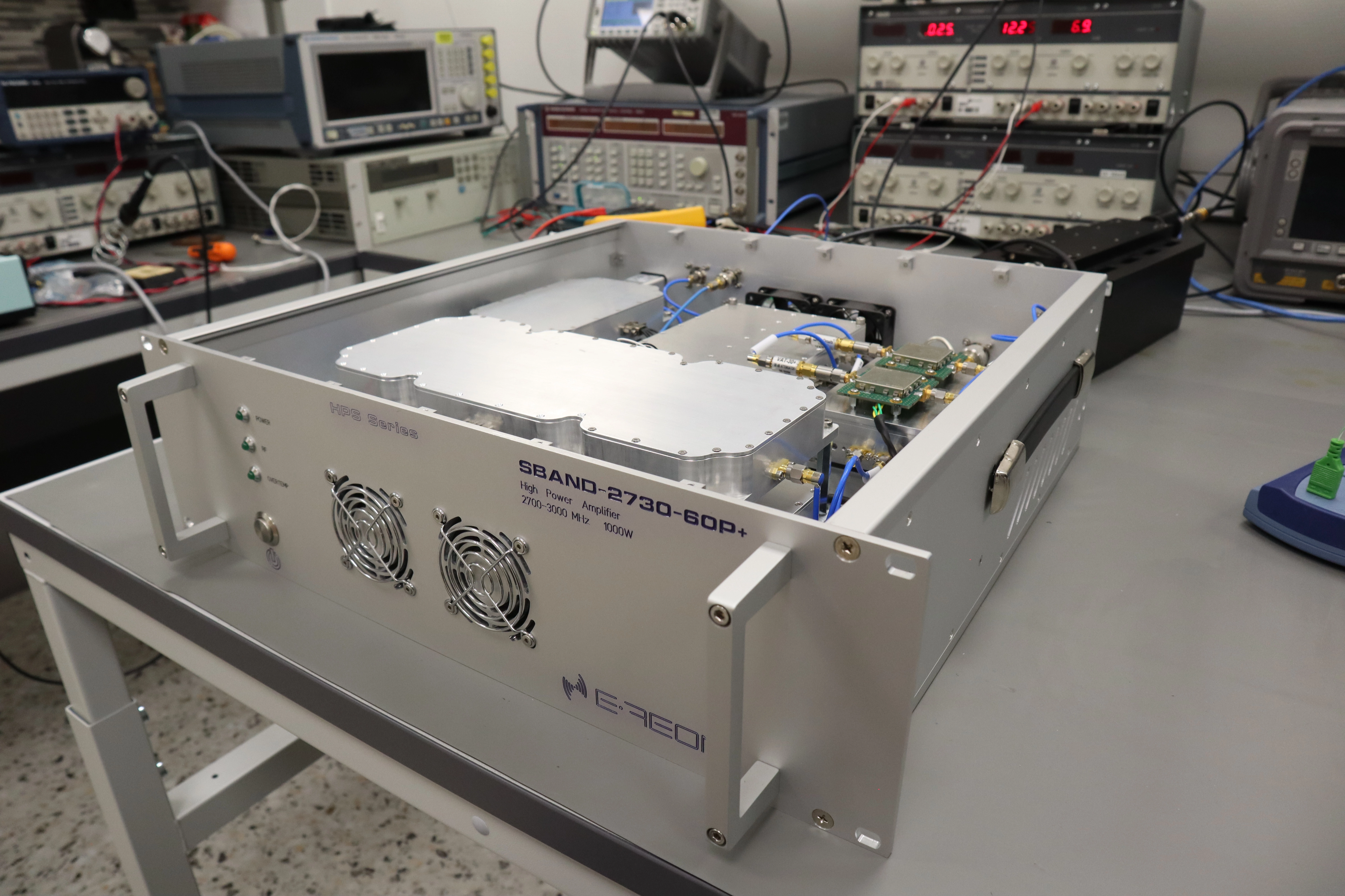 E-REON S-band high-power amplifier equipment during laboratory integration