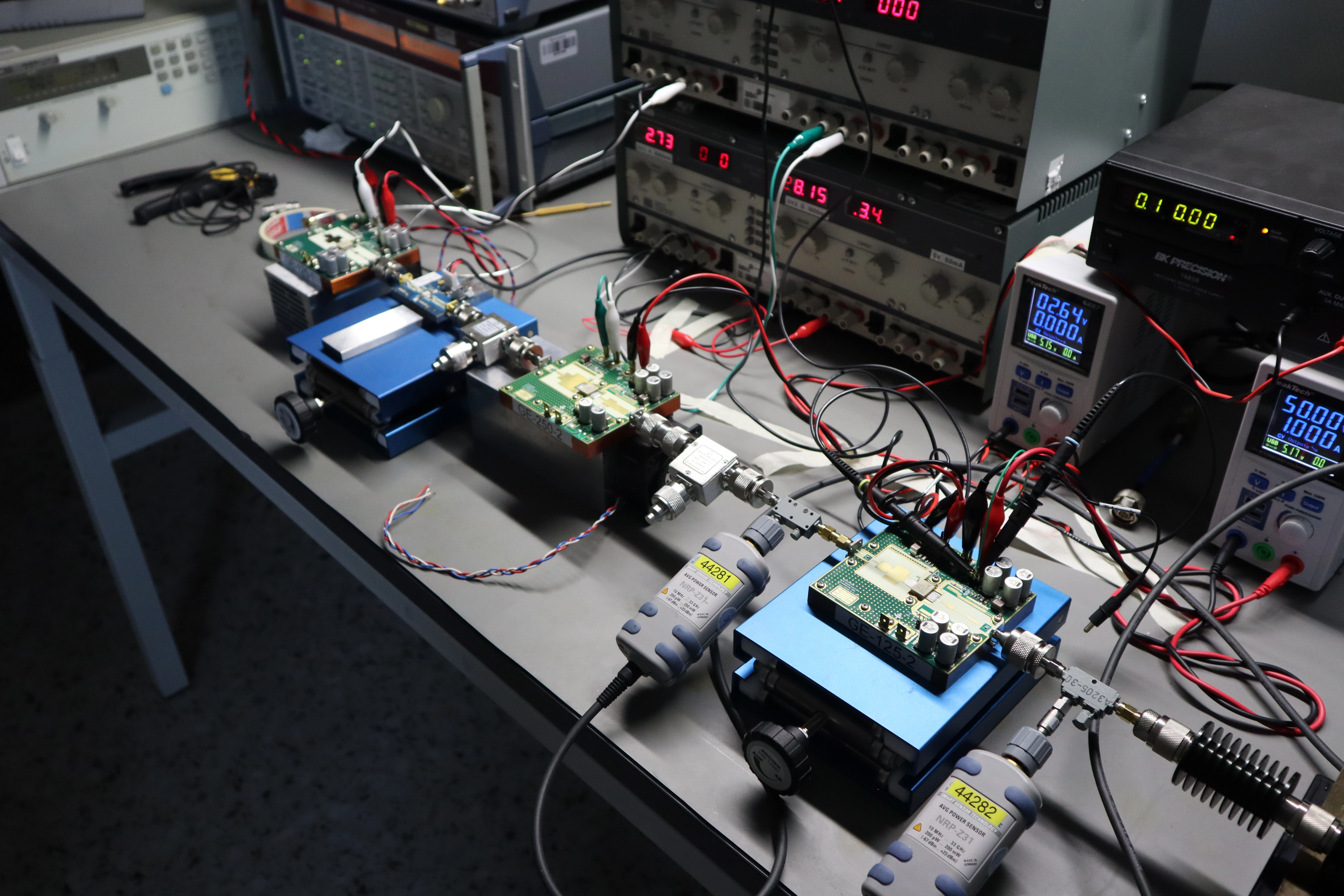 RF amplifier hardware undergoing laboratory performance verification