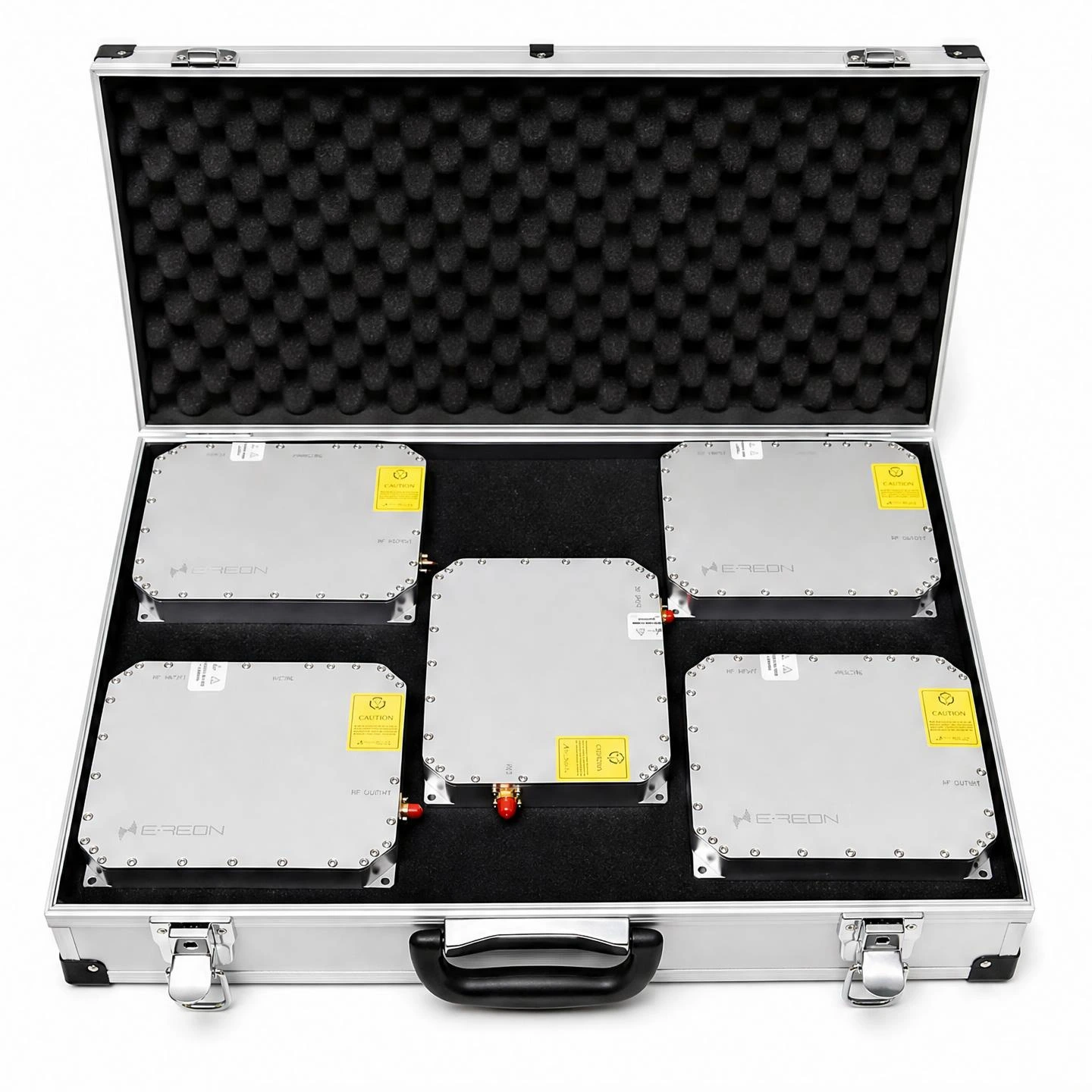 Five enclosed E-REON RF modules arranged in a protective transport case