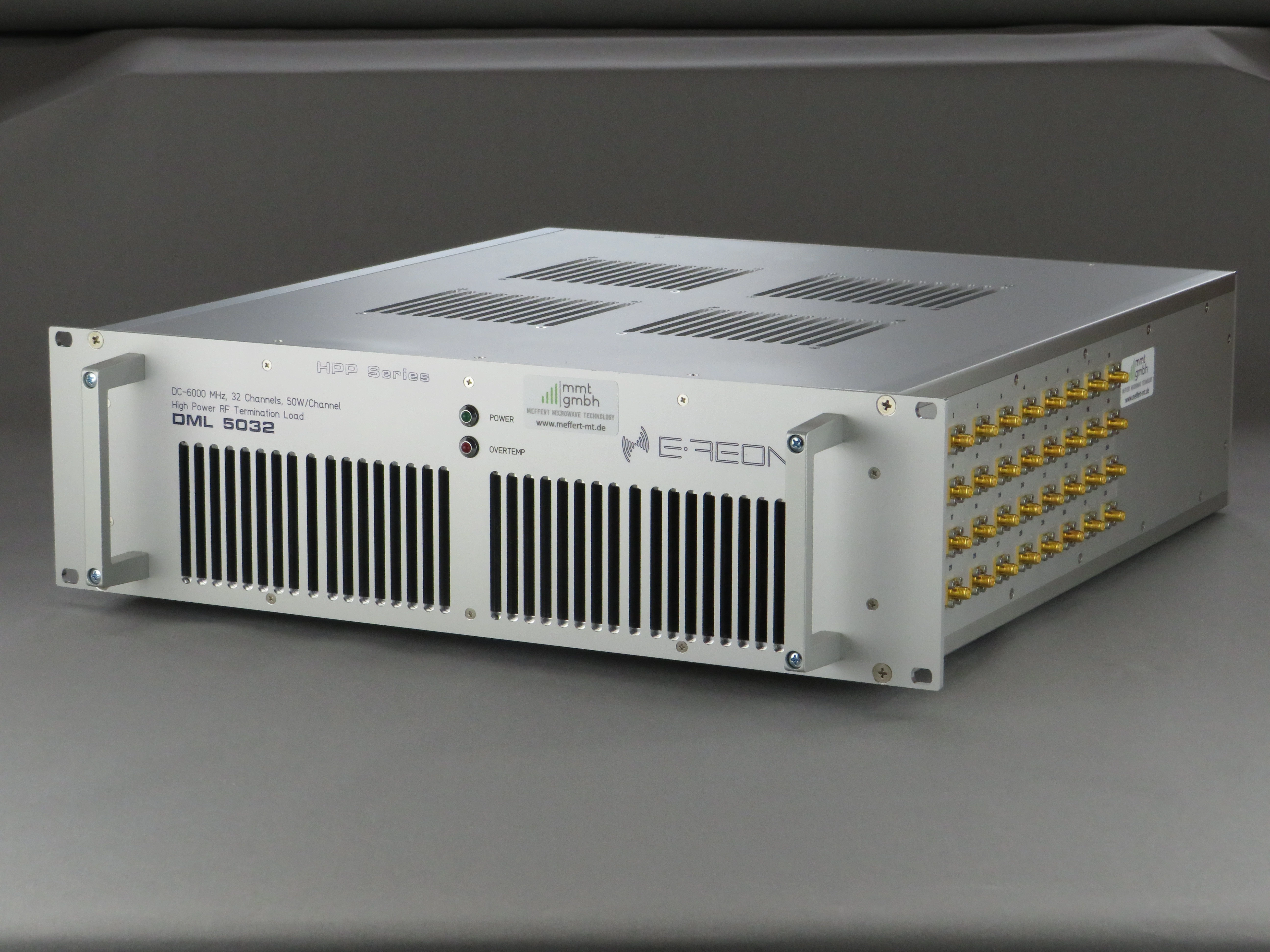 Multi-channel rack-mount RF termination equipment with front-panel cooling and side RF connectors