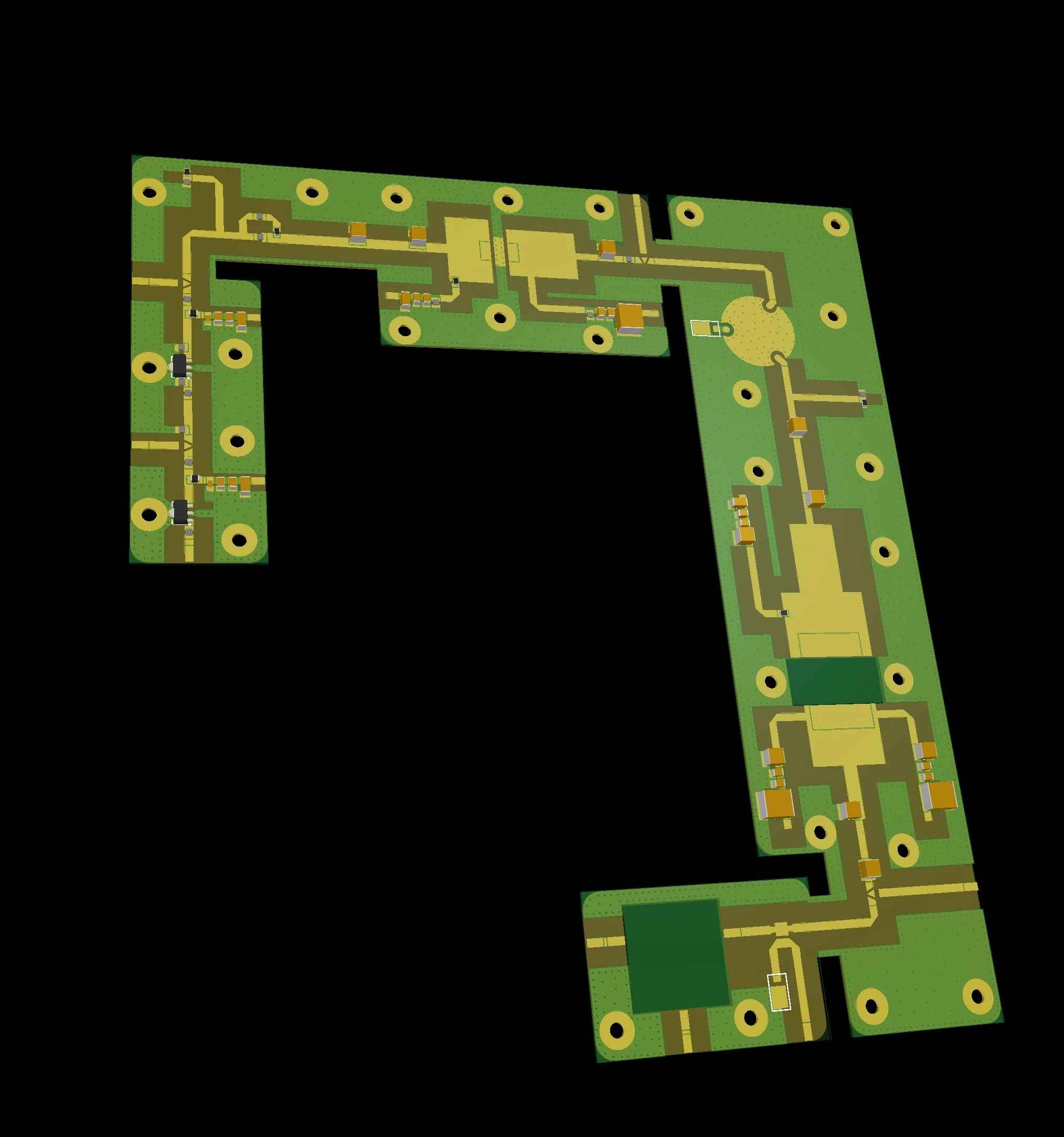 Three-dimensional PCB layout rendering of a multi-section RF assembly