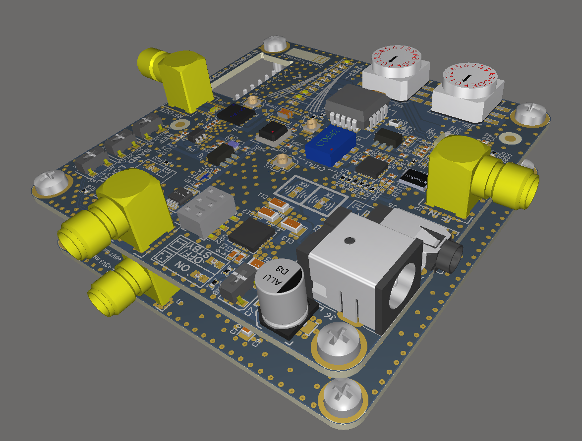 Perspective view of the E-REON dual-IF transverter PCB assembly in the Altium MultiBoard environment