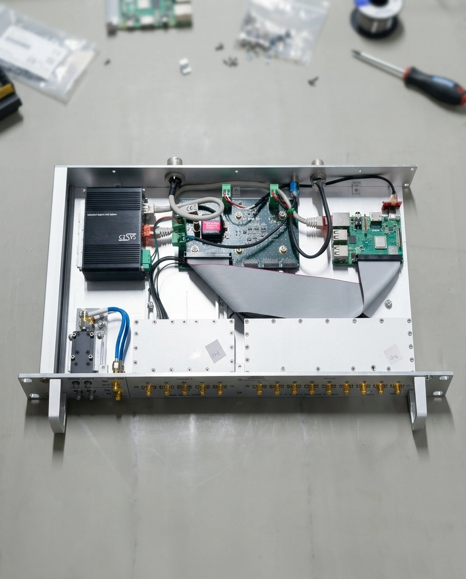 Open E-REON RF equipment chassis showing shielded RF modules, embedded control electronics, internal cabling and front-panel connectors